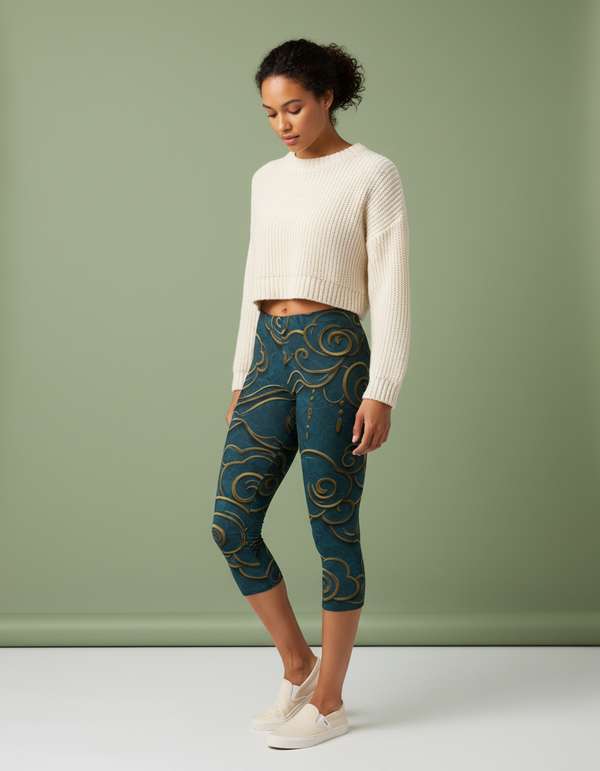 Women's Chinese Cloud Motif Capri Leggings