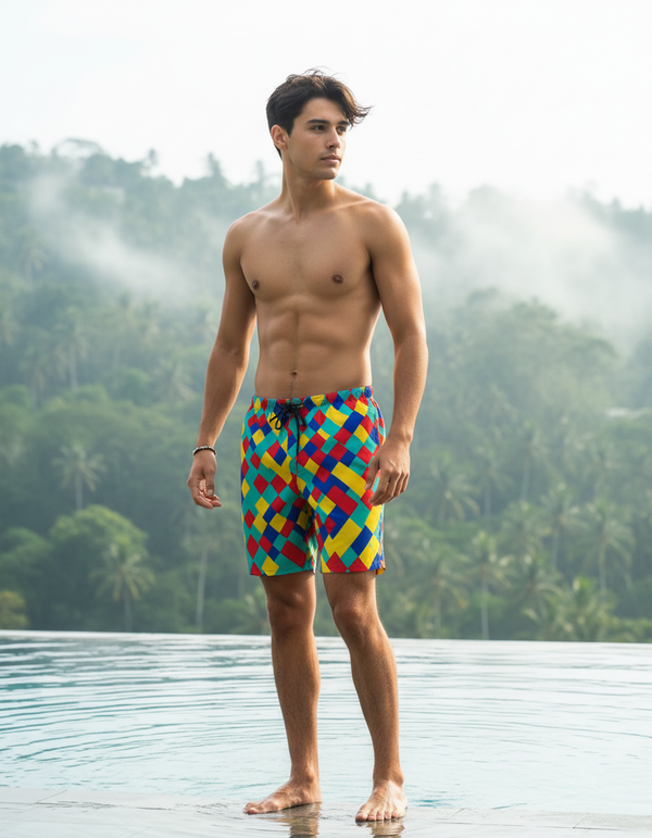 Checkerboard men's swim trunks