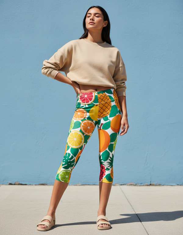 Women's Tropical Fruit Basket Capri Leggings