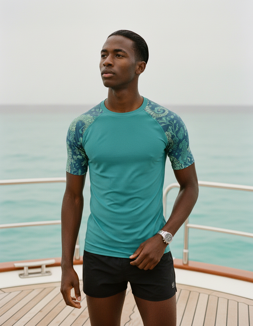 Turquoise men's short-sleeve rashguards — Dripper