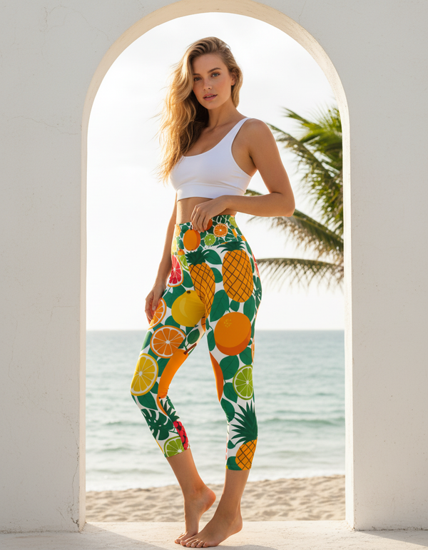 Women's Tropical Fruit Basket Yoga Capri Leggings