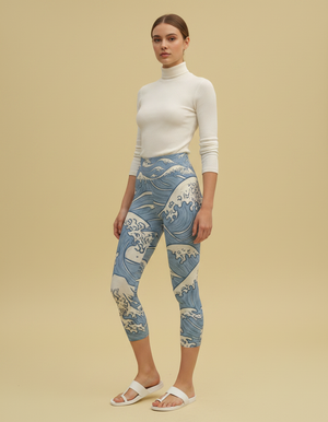 Women's Japanese Wave Art Yoga Capri Leggings